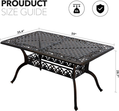 𝐀𝐢𝐥𝐢𝐬𝐦𝐚𝐢𝐥 59” Patio Outdoor Dining Table for 6, Cast Aluminum Rectangle Patio Dining Table Weather Resistant with 2" Umbrella Hole for Patio Deck Garden (Bronze, 59" Classic Table)