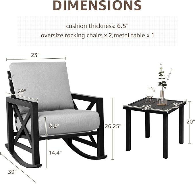 NATURAL EXPRESSIONS Patio Rocking Bistro Set, 3 Piece Outdoor Conversation Furniture Set with 2 Rockers and 1 Metal Coffee Table with Thick Cushions,2 Pack Patio Chair Covers Included