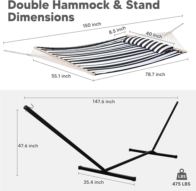 SUNCREAT Two Person Hammock with 12ft Stand Included, Max 475lbs Capacity, Heavy Duty Free Standing Hammock, Black Stripes