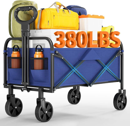 Foldable Wagon Cart, 380LBS Capacity Collapsible Wagon with All-Terrain Wheels, 220L Foldable Utility Cart & Grocery Cart on Wheels, Portable Lightweight 12LBS for Outdoor, Beach, Garden (Blue)