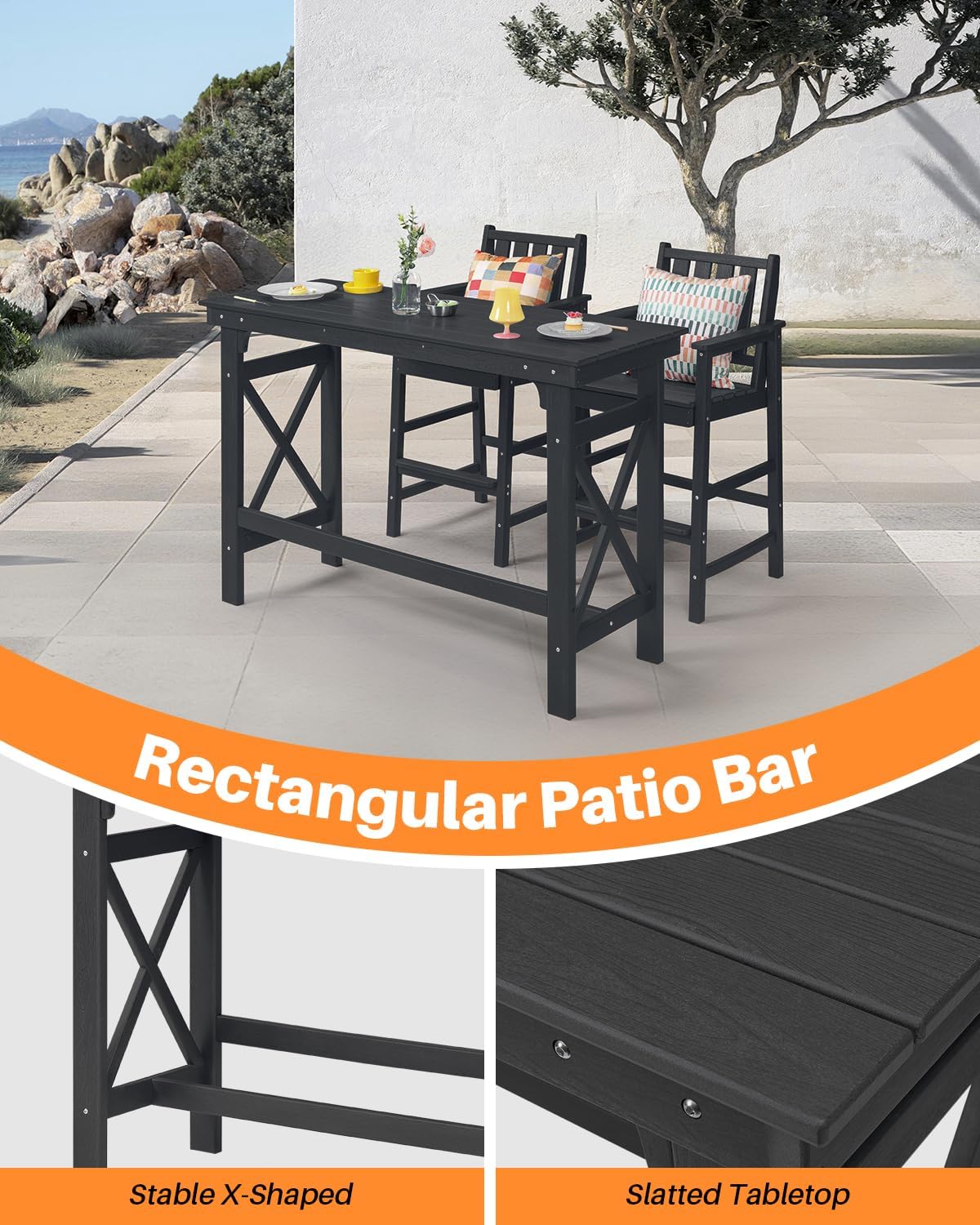 HDPE Patio Bar Table, 41" Rectangle Outdoor Bar Tables Counter Height Table, Adirondack Outdoor Bar Height Table, HDPE Outside Pub Tables for Balcony, Deck, Backyard, Poolside, Obsidian
