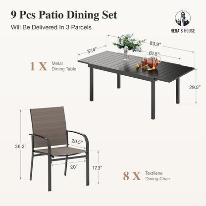 HERA'S HOUSE 9 Pieces Patio Dining Set, Outdoor Table Chairs Set for 8, 8 x Brown Dining Chair and 1 x Extendable Metal Dining Table for Patio Garden Porch Deck