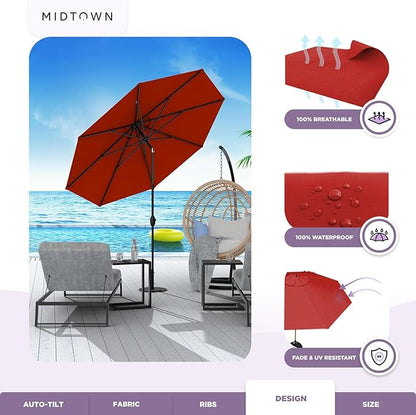 Midtown Umbrellas Sunbrella Umbrella 8 Feet Outdoor Umbrella With Sunbrella Red Acrylic Fabric - Auto-Tilt Aluminum Frame Patio Umbrella For Backyard, Deck, Garden, Pool - Black Pole