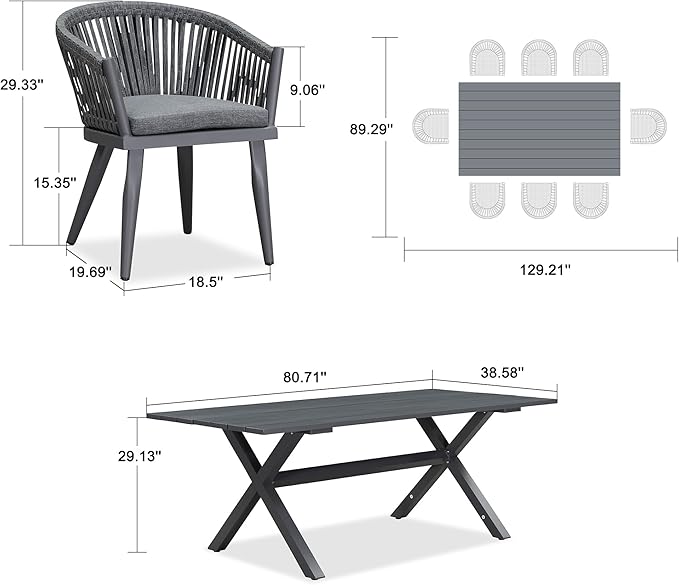 PURPLE LEAF 9 Pieces Outdoor Dining Set with Patio Aluminium Dining Table and Wicker Rattan Chairs Modern Furniture Cushions Sets for Backyard Indoor Decor Kitchen Grey