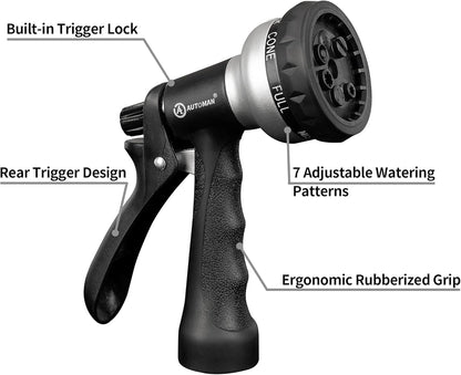 AUTOMAN-Garden-Hose-Nozzle, ABS Water Spray Nozzle, 7 Adjustable Watering Patterns, Slip Resistant for Watering Plants, Lawn& Garden, Washing Cars, Cleaning, Showering Pets & Outdoor Fun.Silver Color