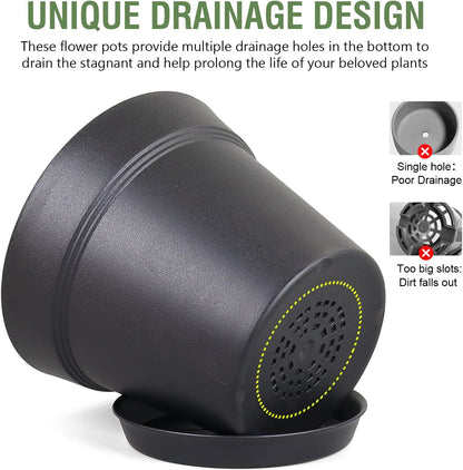 6 inch Nursery Pots, 16 Pack Plastic Plant Pots for Indoor Outdoor Plants, Flower Pots with Drainage Holes and Saucers, Decorative Seedling Starter Planters for House Plants, Black