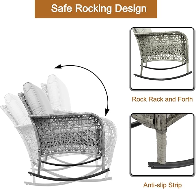 DECMICO 3-Piece Rattan Rocking Chair Set, PE Patio Bistro Furniture with Cushions & Coffee Table for Garden Backyard Porch, Light Grey