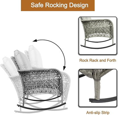 DECMICO 3-Piece Rattan Rocking Chair Set, PE Patio Bistro Furniture with Cushions & Coffee Table for Garden Backyard Porch, Light Grey