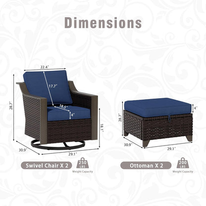 4 Piece Wicker Patio Conversation Set, All-Weather Use Outdoor 2 PE Rattan Swivel Chair, 2 Ottoman, Removable Water-Resistant Cushion, Ideal for Porch, Backyard, Balcony, Poolside, Blue