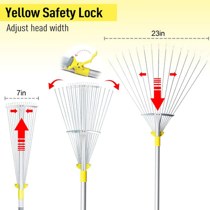 JARDINEER Adjustable Rakes for Leaves, Larger Garden Leaf Rake for Lawns Grass with 7-23" Expandable Head, Yard Collapsible Rake for Camping (64 inches)