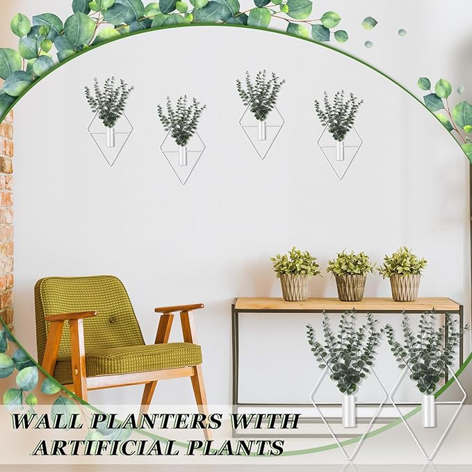 Jexine Hanging Planters with Artificial Eucalyptus Metal Hanging Vase Indoor Plants Holder Modern Geometric Boho Bathroom Wall Decor for Living Room Home Office (White,8 Pcs)