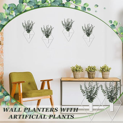 Jexine Hanging Planters with Artificial Eucalyptus Metal Hanging Vase Indoor Plants Holder Modern Geometric Boho Bathroom Wall Decor for Living Room Home Office (White,8 Pcs)