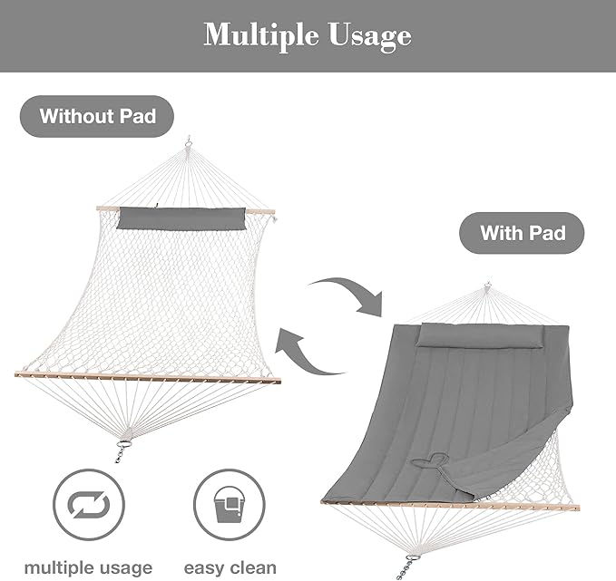 SUNCREAT 15 FT Hammocks for Outside, Two Person Hammock for Patio, Garden, Porch, Outdoor, Light Gray