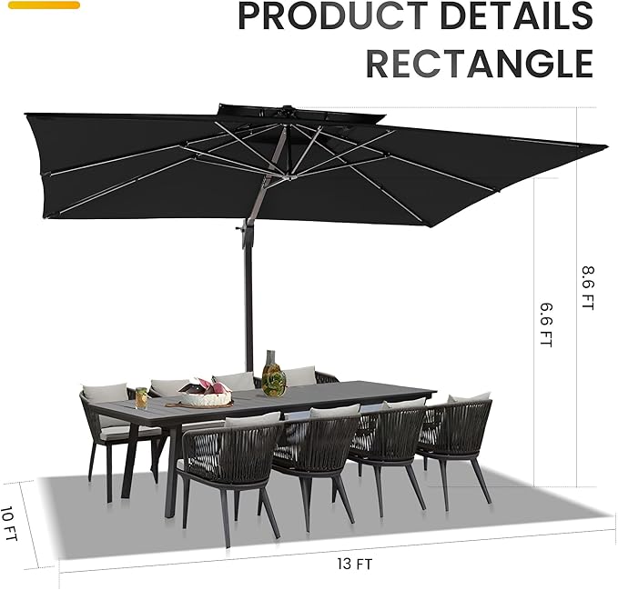 10 X 13 FT Patio Umbrella Heavy Duty Double Top Windproof Rectangle Cantilever Outdoor Umbrellas with 360-degree Rotation for Pool Deck Backyard, Black