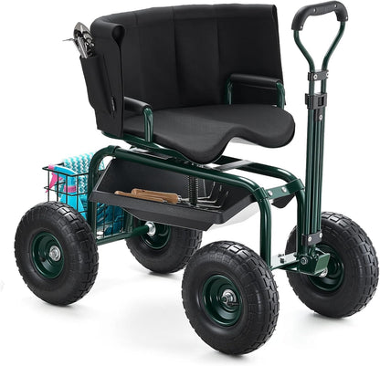 VEVOR Rolling Garden Seat with Wheels, Gardening Stool with Height Adjustable & 360°Swivel Seat, Ergonomic Backrest & Tool Storage, 400lbs Weight Capacity, Garden Scooter Wagon Cart for Yard, Patio