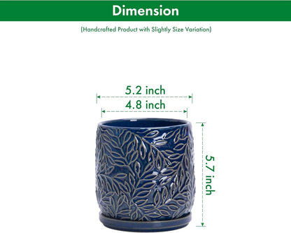 D'vine Dev 5 Inch Embossed Leaves Stoneware Planter Pot with Drainage Hole and Saucer, Midnight Blue, 27-A-V-3