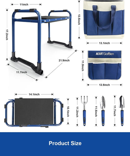 KVR Garden Kneeler and Seat Set 2025 Upgraded - Heavy Duty Foldable Bench Chair with 3 Tools & 2 Tool Pouch + Multi-Purpose Bag, Gardening Stool Gifts for Seniors, Women, Mom