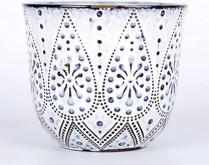VanEnjoy 5.9 inch Round Bohemian Style Ceramic Planter, Geometry Engrave Off White Brown Succulent Planter Flower Pot, Indoor Outdoor Decorative Planter