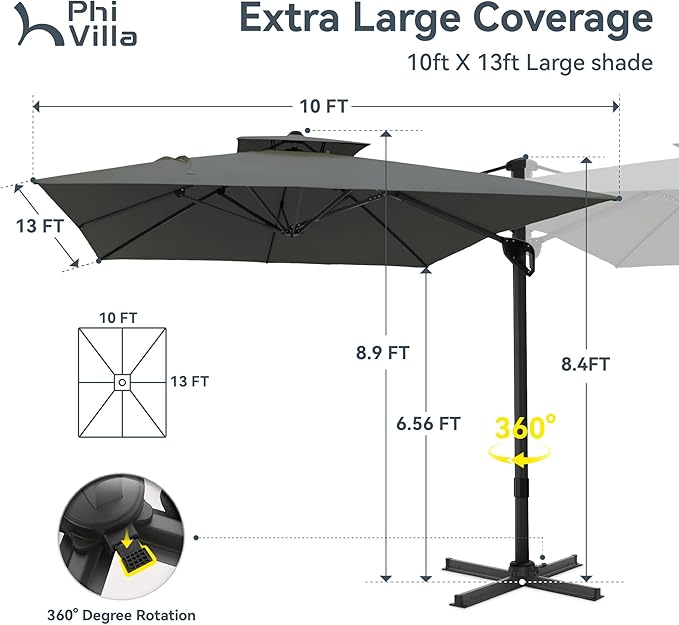 PHI VILLA 10'x 13' Cantilever Patio Umbrella, Outdoor Rectangle Large Umbrellas with Hydraulic Lift and 360°Rotation, Grey
