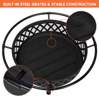 SUNCREAT 42” Patio Fire Pit Wood Burning with Mesh Spark Screen, Bonfire Outdoor firepit with Fireplace Poker, Black