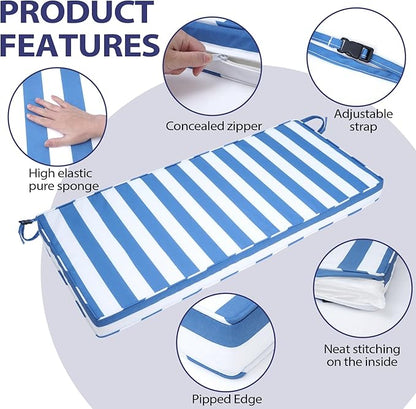 Outdoor Bench Cushion 48x18x3 Inch with Ties, Thick Waterproof Porch Swing Cushions for Patio Furniture Chair Pad, Seat Sofa Garden Replacement Cushion Sponge Filling (Blue&white Stripes, 48x18)