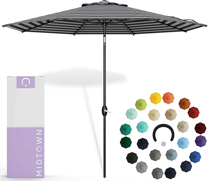Midtown Umbrellas Sunbrella Umbrella 9 Feet Outdoor Umbrella With Black & White Acrylic Fabric - Auto-Tilt Aluminum Frame Patio Umbrella For Backyard, Deck, Garden, Pool - Black Pole