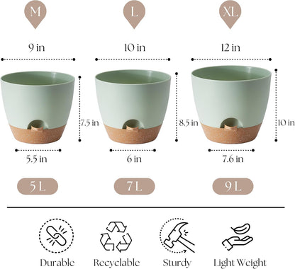 Plant Pots 12/10/9 inch Set of 3, Self Watering Flower Pots Indoor Outdoor, Planters with Drainage Hole Saucer Reservoir, Green