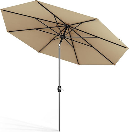 Midtown Umbrellas Sunbrella Umbrella 9 Feet Outdoor Umbrella With Heather Tan Acrylic Fabric - Auto-Tilt Aluminum Frame Patio Umbrella For Backyard, Deck, Garden, Pool - Black Pole