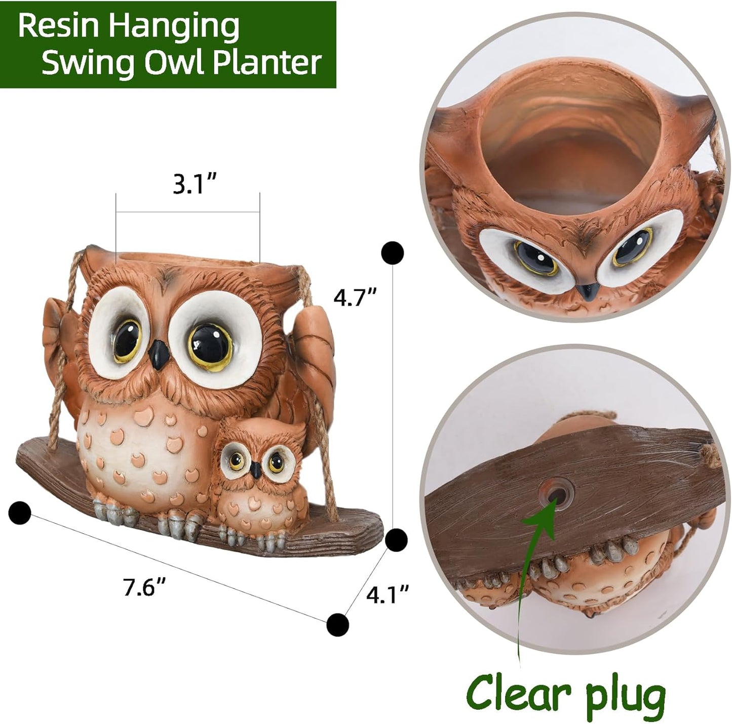 Swing Owl Hanging Planters for Indoor Plants, Cute Small Succulent Pots with Drainage Hole, Unique Resin Plant Hangers Outdoor, Hanging Plant Holder for String Of Pearls, Gift Ideas for Mother