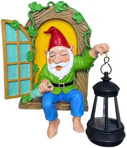 Gnome Statues Solar Lantern Whimsical Elf Out The Door Tree Hugger Figurines Tree Faces Decor Outdoor Fairy Garden Wall Art Decorations for Yard Patio Fence Ideal Gifts