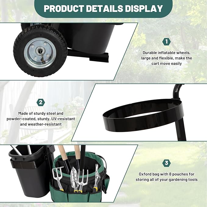 biosp Garden Carts, Heavy Duty Rolling Lawn Yard Mobile Gardening Trolley, Wheeled Outdoor Metal Utility Beach Wagon with 5 Gallon Bucket Oxford Bag Tool Organizer Storage