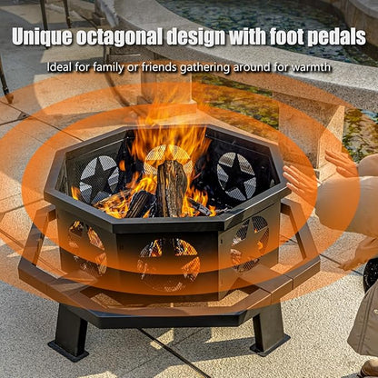 35 inch Fire Pit for Outside, Heavy Duty Wood Burning Fire Pits with Fire Poker, Outdoor Octagonal Firepit for Camping, Yard, Patio