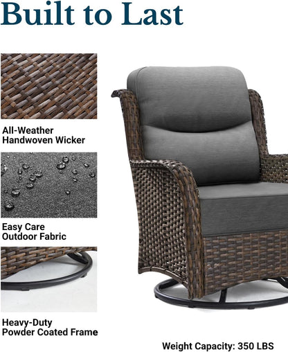 HILLGA Luxury Outdoor Swivel Rocker Patio Chairs of 2 with 6 Inch Thick Cushions and Side Table, Swivel Outdoor Chairs 3PCS High Back Wicker Patio Furniture Set for Porch, Balcony, Deck in Dark Grey