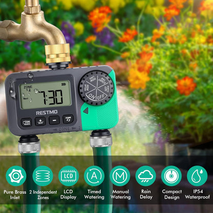 RESTMO Water Timer for Garden Hose, Sprinkler Timer with Brass Inlet, Automatic Digital Control | Manual ON/Off | Rain Delay, for Outdoor Faucet, Drip Irrigation and Lawn, 2 Outlet