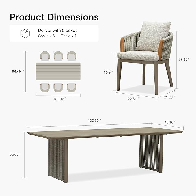 PURPLE LEAF 7 Pieces Outdoor Dining Set, Aluminum Outdoor Patio Table and Chairs Set with Olefin Cushions, All-Weather Patio Dining Set for Garden or Deck, Beige