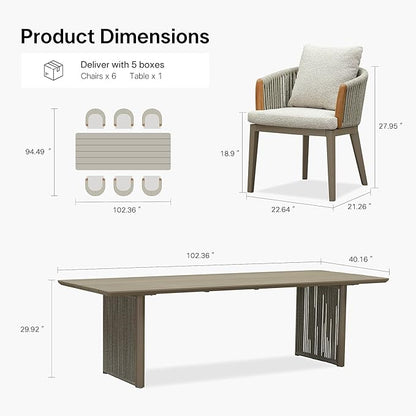 PURPLE LEAF 7 Pieces Outdoor Dining Set, Aluminum Outdoor Patio Table and Chairs Set with Olefin Cushions, All-Weather Patio Dining Set for Garden or Deck, Beige