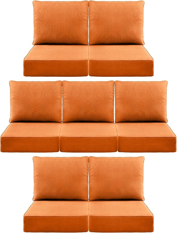 Luxury 6" Outdoor Cushions for Patio Furniture, 24x24x6" Thick Seat Cushion Set of 7, Fade Resistant Couch Chair Replacement Cushions High Density Deep Wicker Chair Cushion w/ Removable Cover, Orange