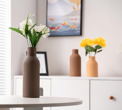 Ceramic Vase Set of 3, Flower Vases for Spring Room Decor, Kitchen Farmhouse, Modern Boho Style(Brown/Dark Brown/Orange)