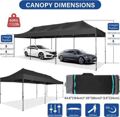 COBIZI 10x30 Pop up Canopy Heavy Duty Without Sidewalls, Easy Set-up Commercial Outdoor Party, 100% Waterproof Wedding Canopy Gazebo, 3 Height Adjustable with Wheeled Bag, Black