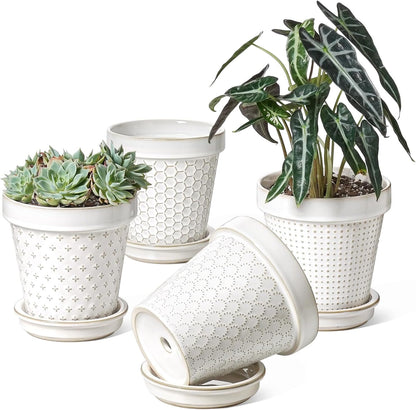 LE TAUCI Ceramic Plant Pots, 6 Inch Flower Pot with Drainage Hole & Saucer, Embossed Planter Pots for Indoor Plant Succulent, Orchid, Cactus, Home Decor - Set of 4, Arctic White