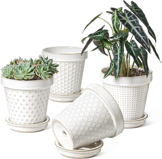 LE TAUCI Ceramic Plant Pots, 6 Inch Flower Pot with Drainage Hole & Saucer, Embossed Planter Pots for Indoor Plant Succulent, Orchid, Cactus, Home Decor - Set of 4, Arctic White
