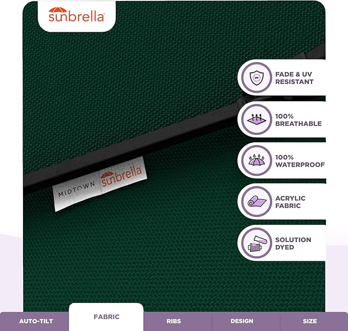 Midtown Umbrellas Sunbrella Umbrella 9 Feet Outdoor Umbrella With Forest Green Acrylic Fabric - Auto-Tilt Aluminum Frame Patio Umbrella For Backyard, Deck, Garden, Pool - Black Pole