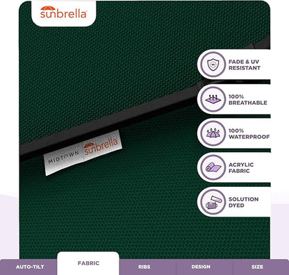 Midtown Umbrellas Sunbrella Umbrella 9 Feet Outdoor Umbrella With Forest Green Acrylic Fabric - Auto-Tilt Aluminum Frame Patio Umbrella For Backyard, Deck, Garden, Pool - Black Pole