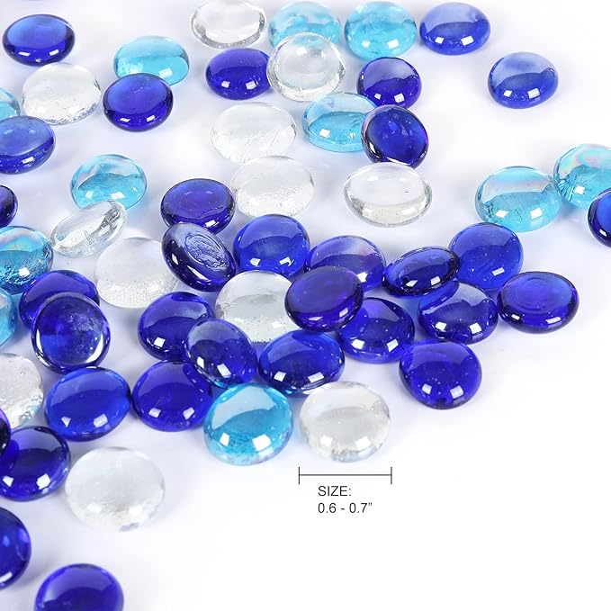 11LB Fire Glass Beads Flat Glass Marbles for Outdoor Fire Pit and Fireplace, Glass Gemstones for Vase Filler, Aquariums, Hydroponics Plants, Home Decor and Christmas DIY Craft, Blue Mixed