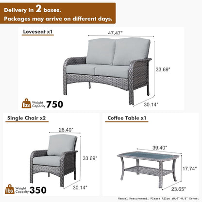 HOOOWOOO Patio Furniture Set,4 Pieces Outdoor Conversation Set,All Weather Wicker Loveseat Sofa Set with High Back Chairs Table,Dark Gray
