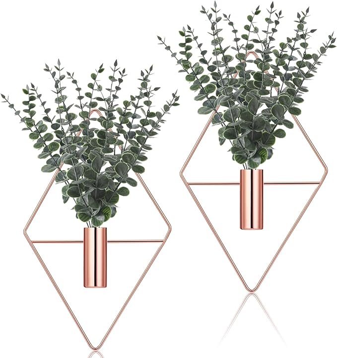 Jexine Hanging Planters with Artificial Eucalyptus Metal Hanging Vase Indoor Plants Holder Modern Geometric Boho Bathroom Wall Decor for Living Room Home Office(Rose Gold,4 Pcs)
