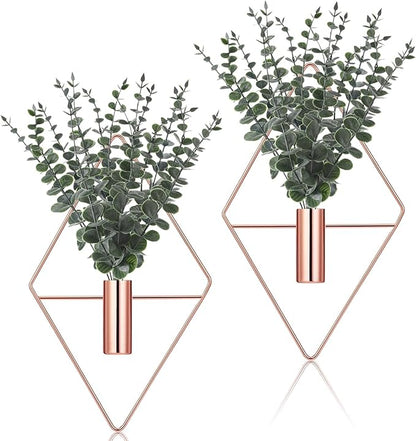 Jexine Hanging Planters with Artificial Eucalyptus Metal Hanging Vase Indoor Plants Holder Modern Geometric Boho Bathroom Wall Decor for Living Room Home Office(Rose Gold,4 Pcs)