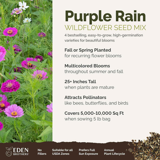 Eden Brothers Purple Rain Flower Mixed Seeds for Planting, 5 lb, 2,400,000+ Seeds with Zinnia Purple Prince & Violet Queen, Cosmos, Attracts Pollinators, Plant in Spring, Zones 3, 4, 5, 6, 7, 8, 9, 10