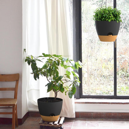 ZMTECH 12 Inch Hanging Planters for Indoor Outdoor Plants, 1 Pack Self Watering Hanging Plant Pots with Drainage Holes and Removable Saucer, Plastic Flower Hanging Pots with Watering Lip (Black)