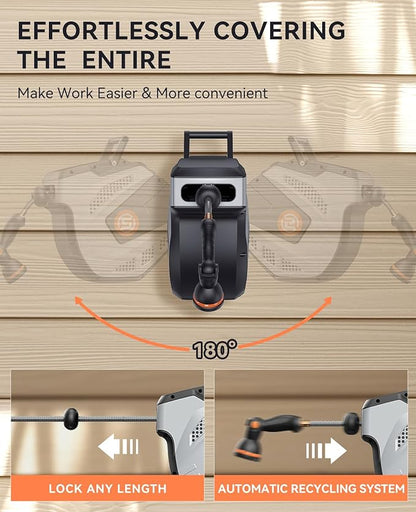 SUNPOW Retractable Garden Hose Reel - 1/2 inch x 50ft Wall Mounted Hose Reel with 3/4 inch Brass Fitting & 10 Function Sprayer Nozzle - Any Length Lock, Auto Rewind System, 180°Swivel Bracket - Grey